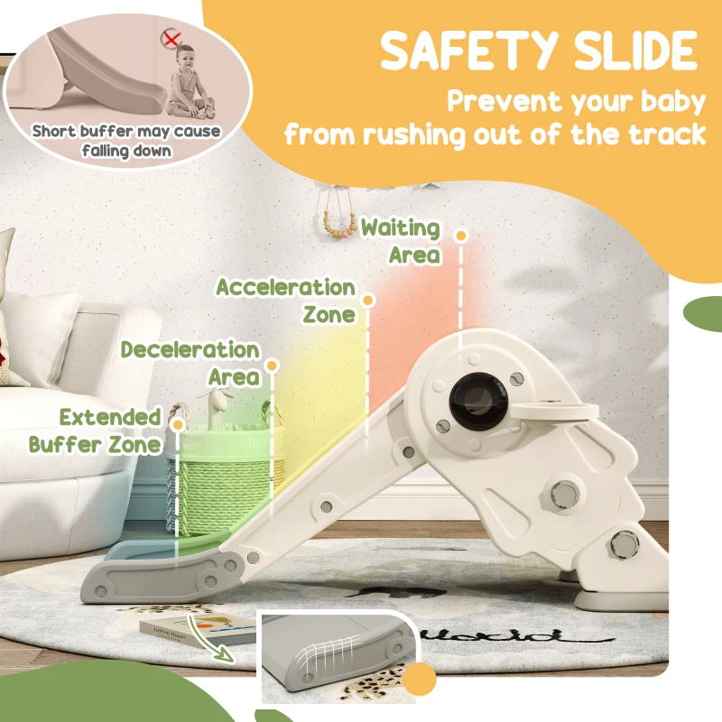 Qaba 3 in 1 Toddler Slide, Foldable Kids Slide with Basketball Hoop, Climber, Anti-Slide Step for Ages 2-5, Cream White