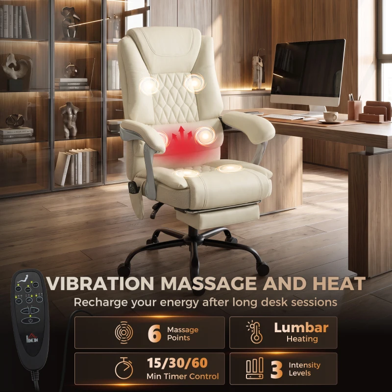 HOMCOM 400lbs Massage Office Chair with Heat, Big and Tall Desk Chair, Lumbar Support, Reclining, Footrest, Beige