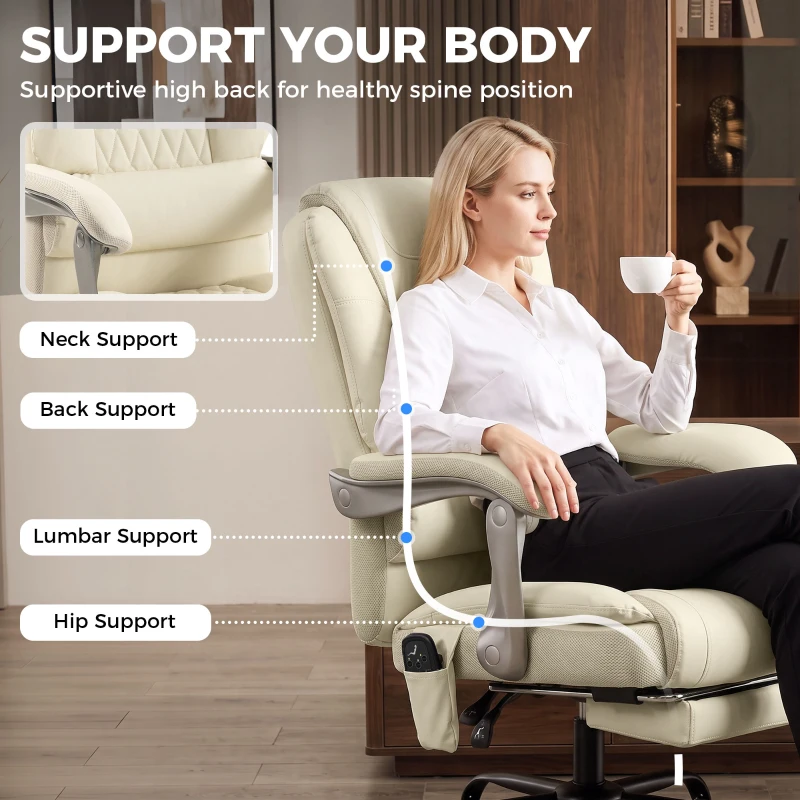HOMCOM 400lbs Massage Office Chair with Heat, Big and Tall Desk Chair, Lumbar Support, Reclining, Footrest, Beige