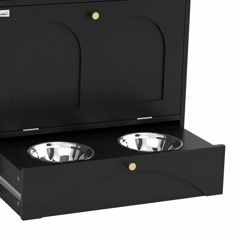 PawHut Dog Feeding Station, Dog Food Storage Cabinet with 2 Elevated Bowls, Tilt-Out Cabinet and Storage Shelf, Black