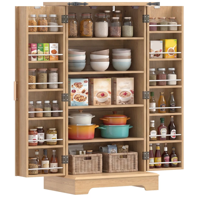 HOMCOM 46" Kitchen Pantry Cabinet with Doors and Adjustable Shelves, Freestanding Fluted Pantry Cabinet with Spice Racks