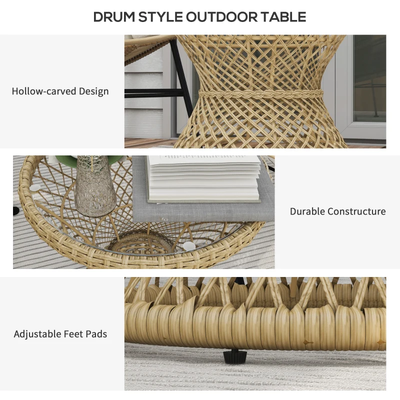 Outsunny Wicker Outdoor Coffee Table, 18" Round Drum-Style Outdoor Patio Table with Tempered Glass Top, Light Brown