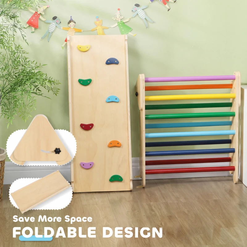 Qaba Pikler Triangle Set, 3 in 1 Climbing Toys with Ramp for Toddlers, Nature Wood
