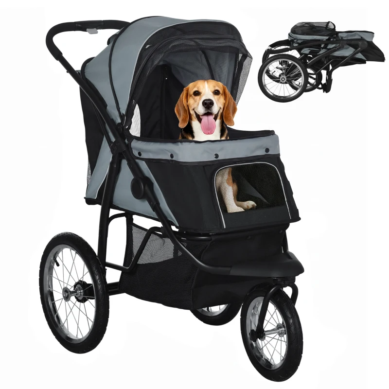 PawHut 3 Wheels Pet Stroller for Small Dogs and Medium Dogs with Adjustable Canopy, Safety Tether, Storage Basket, Gray
