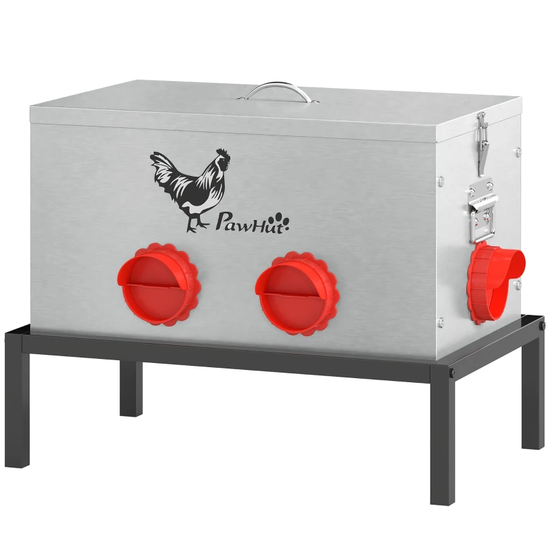 PawHut 35LB Automatic Chicken Feeder, Metal Poultry Feeder w/ 6 No-Waste Ports & Lid, Rat Proof, Weatherproof Design and Stand