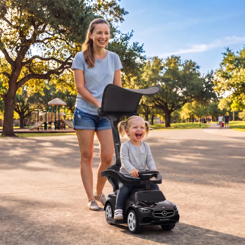 Qaba 4 in 1 Toddler Push Car Licensed Mercedes-Benz with Push Handle, Canopy, Guardrails, Horn, Music for 18-36 Months, Black