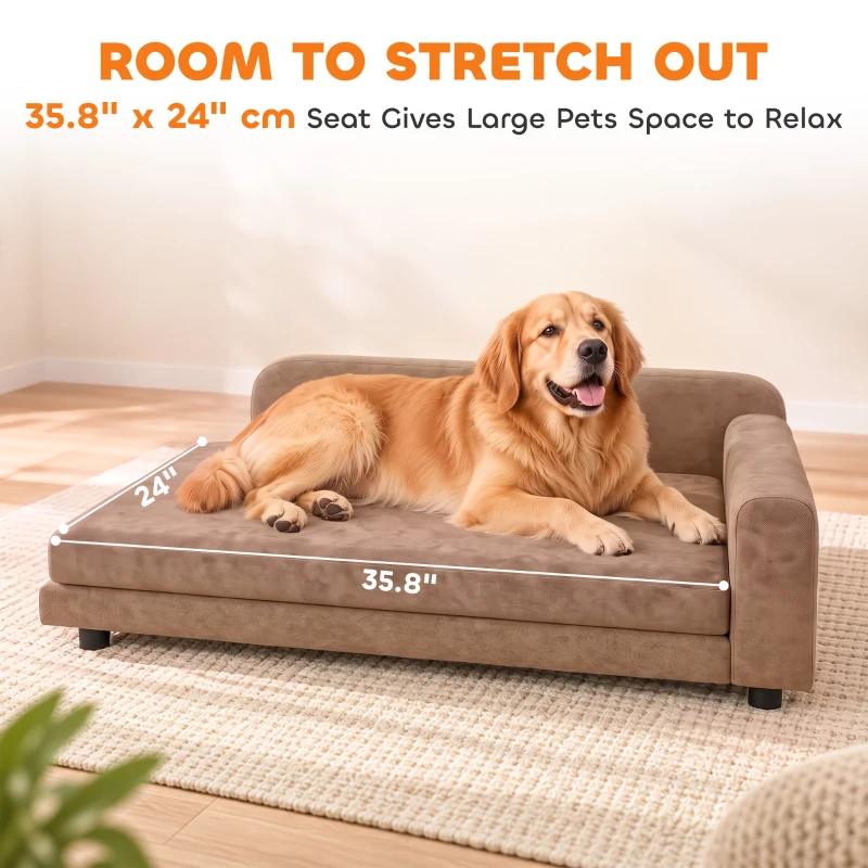 PawHut Dog Bed for Large Breeds, Soft Velvet Dog Couch with Removable Cushion, Backrest, Armrest and Low Feet, Brown