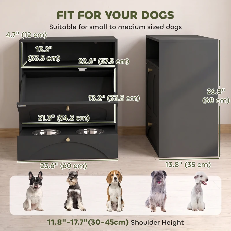 PawHut Dog Feeding Station, Dog Food Storage Cabinet with 2 Elevated Bowls, Tilt-Out Cabinet and Storage Shelf, Black