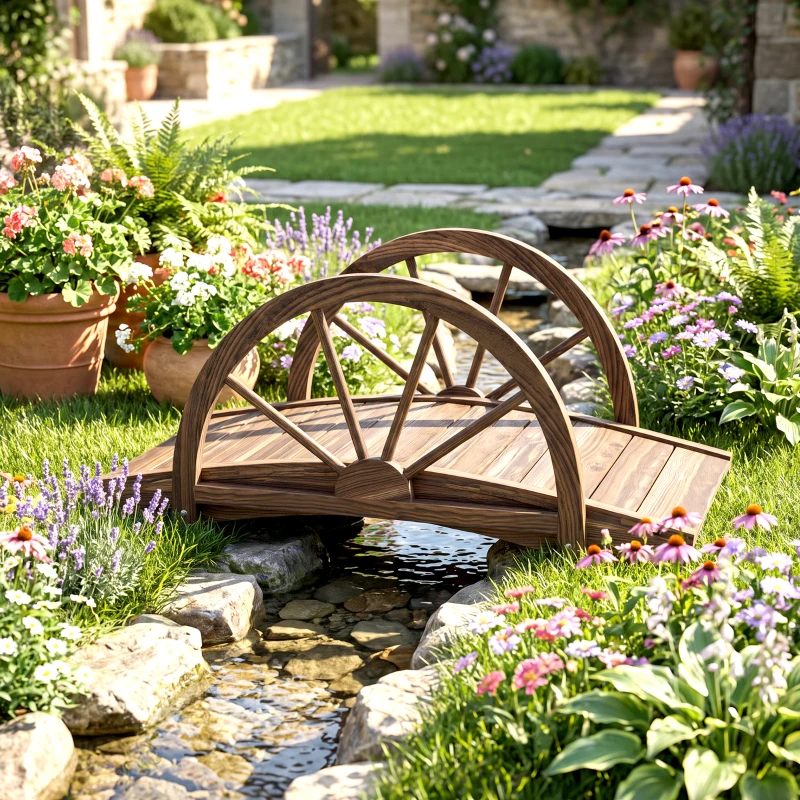 Outsunny 3.3ft Wooden Garden Bridge Arc Footbridge with Half-Wheel Style Railings & Solid Fir Construction, Stained Wood