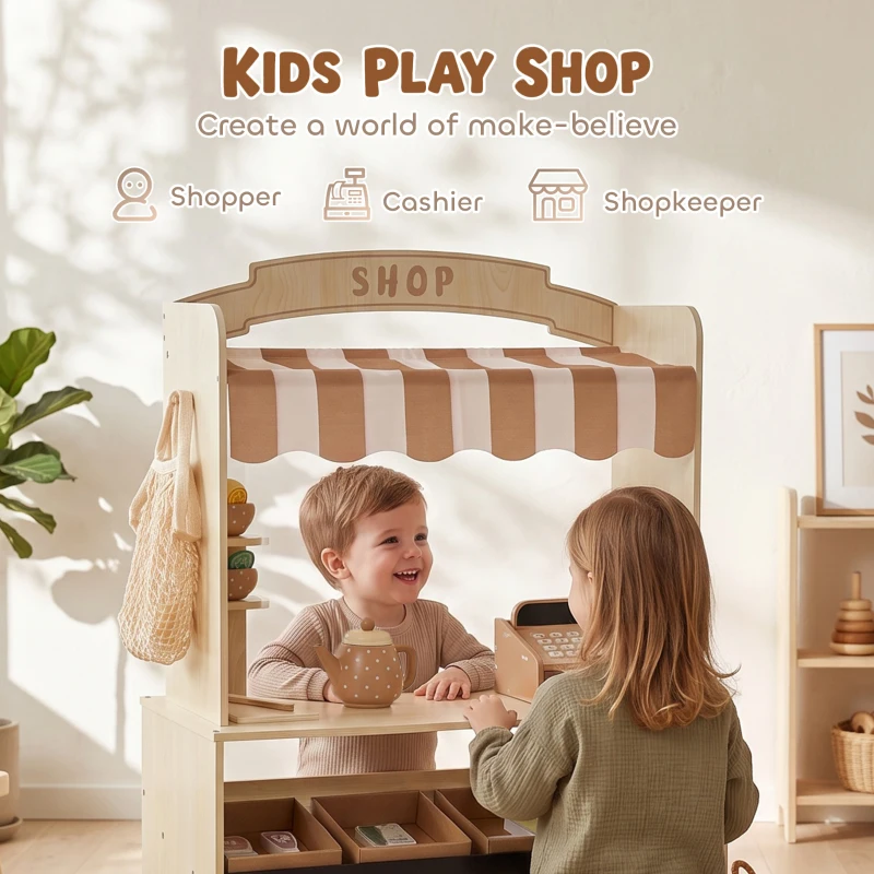 Qaba Wooden Grocery Store Playset Pretend Play with Play Food, Cash Register, Chalkboard, 61 Accessories for Boys & Girls 3-8