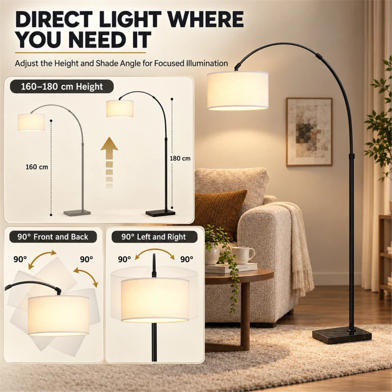 HOMCOM Arc Floor Lamp, Standing Lamp with Adjustable Linen Shade, 90° Tilt and Swivel Shade, Height-Adjustable, Black