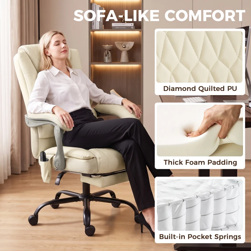 HOMCOM 400lbs Massage Office Chair with Heat, Big and Tall Desk Chair, Lumbar Support, Reclining, Footrest, Beige