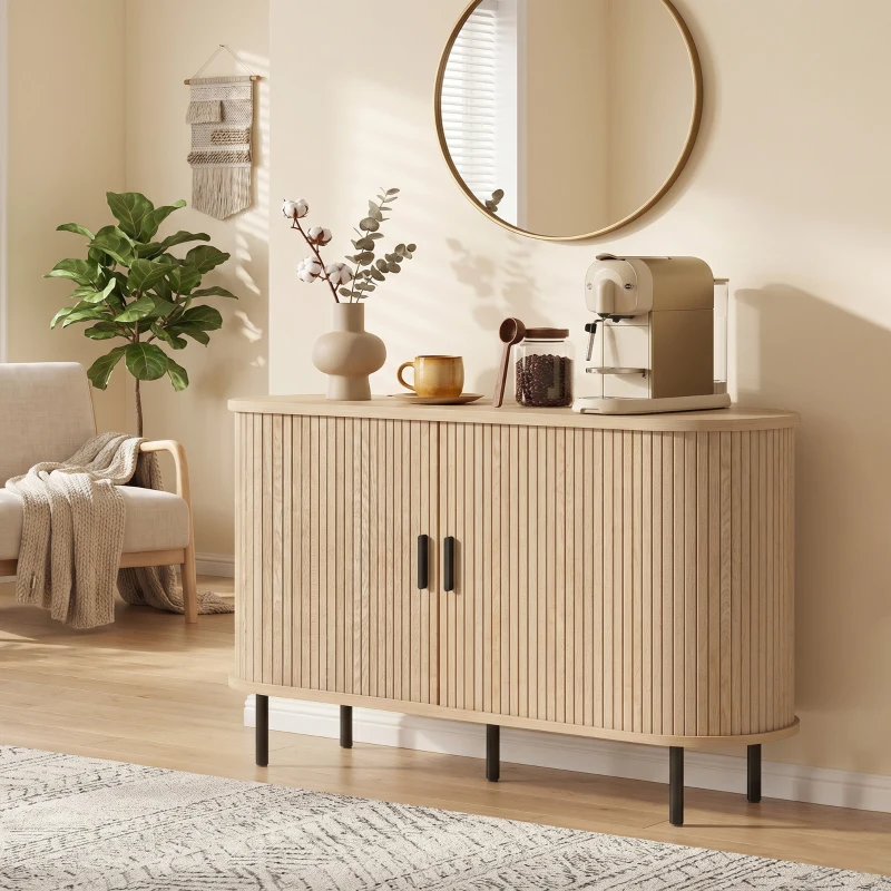 HOMCOM Fluted Sideboard Buffet Cabinet, 55" Mid Century Coffee Bar Cabinet with Sliding Doors and Adjustable Shelves, Natural