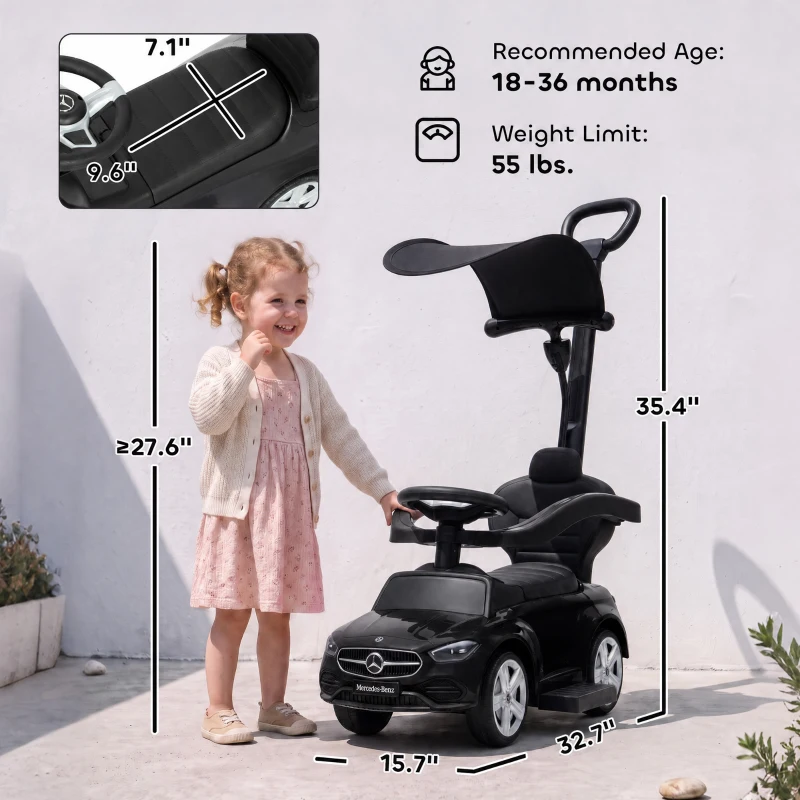 Qaba 4 in 1 Toddler Push Car Licensed Benz with Push Handle, Guardrails, Canopy, Horn, Music, Storage for 18-36 Months, Black