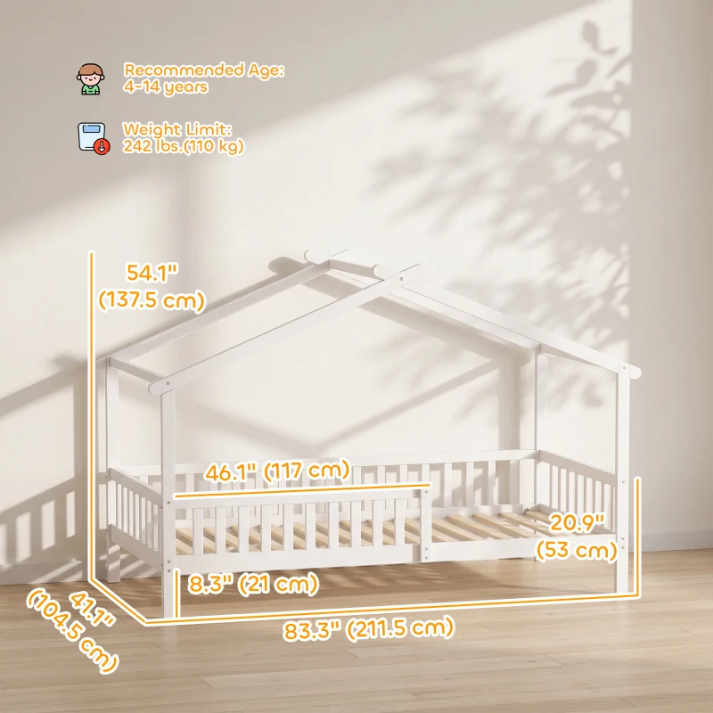 Qaba Twin Bed Frame, Solid Wood Montessori House Bed with Roof, Safety Guardrail for Girls Boys, No Box Spring Needed, White