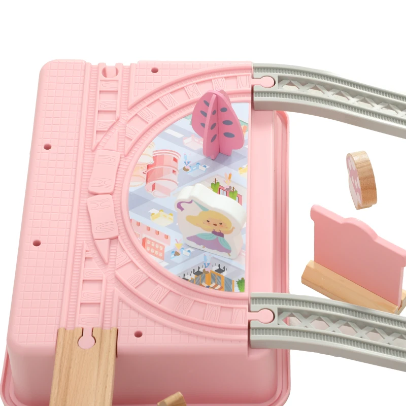 Qaba 58PCS Wooden Train Set for Toddlers, Train Track Set with 17 Track Pieces, 5 Princess Figures and Accessories