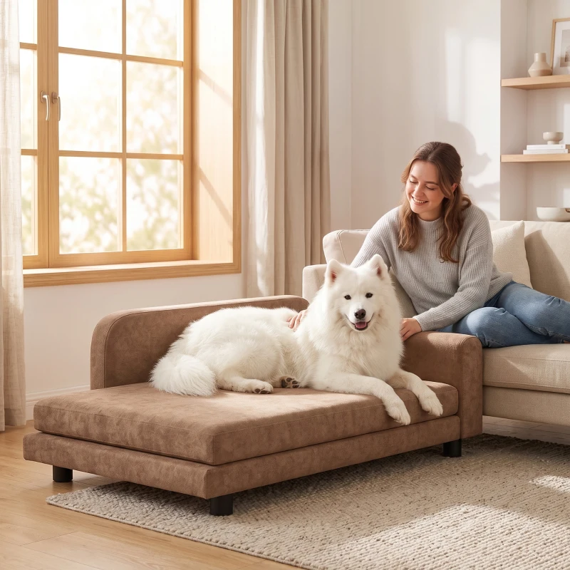PawHut Dog Bed for Large Breeds, Soft Velvet Dog Couch with Removable Cushion, Backrest, Armrest and Low Feet, Brown