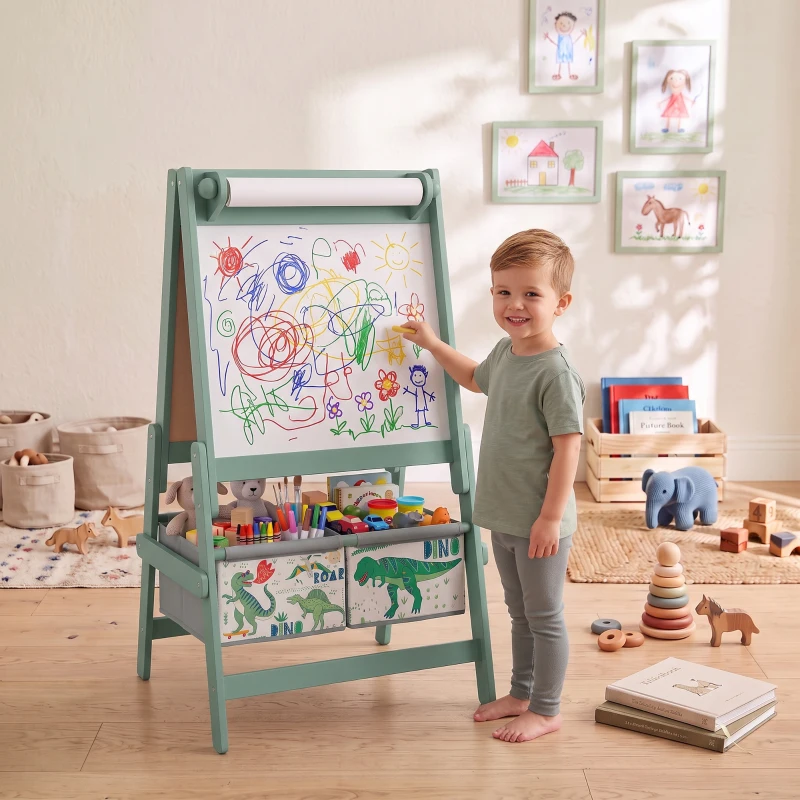 Qaba Art Easel for Kids, 3-in-1 Double-Sided Kids Easel with Chalkboard, Whiteboard, Paper Roll, 2 Storage Bins for 3-8, Green