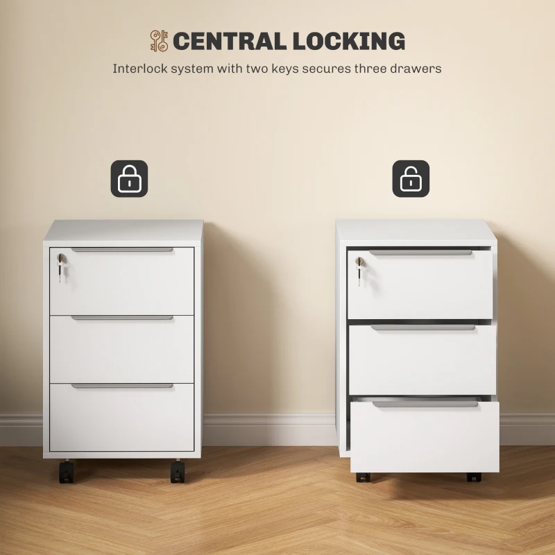 HOMCOM 3-Drawer File Cabinet with Wheels, Vertical Filing Cabinet with Lock, White