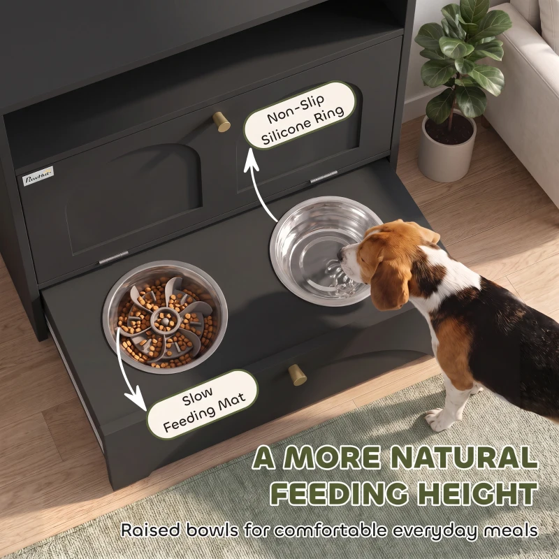 PawHut Dog Feeding Station, Dog Food Storage Cabinet with 2 Elevated Bowls, Tilt-Out Cabinet and Storage Shelf, Black