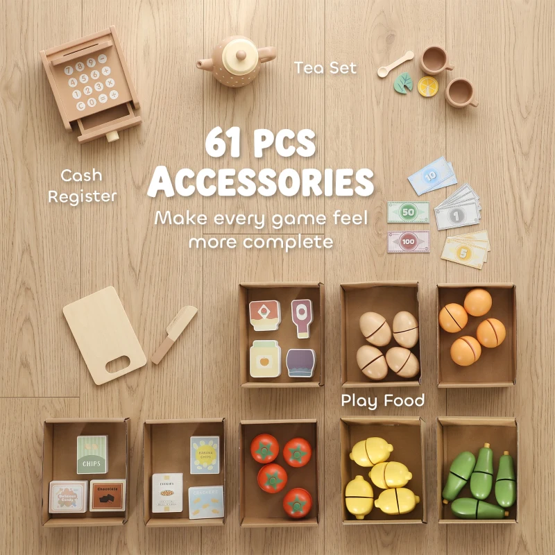 Qaba Wooden Grocery Store Playset Pretend Play with Play Food, Cash Register, Chalkboard, 61 Accessories for Boys & Girls 3-8