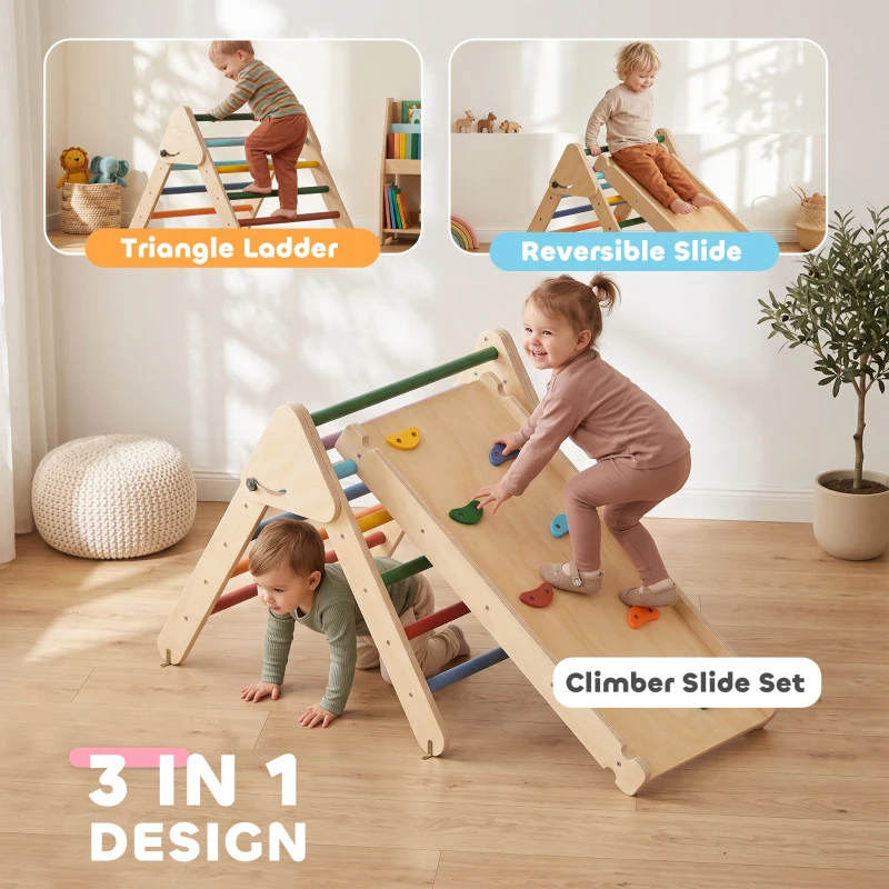 Qaba Pikler Triangle Set, 3 in 1 Climbing Toys with Ramp for Toddlers, Nature Wood
