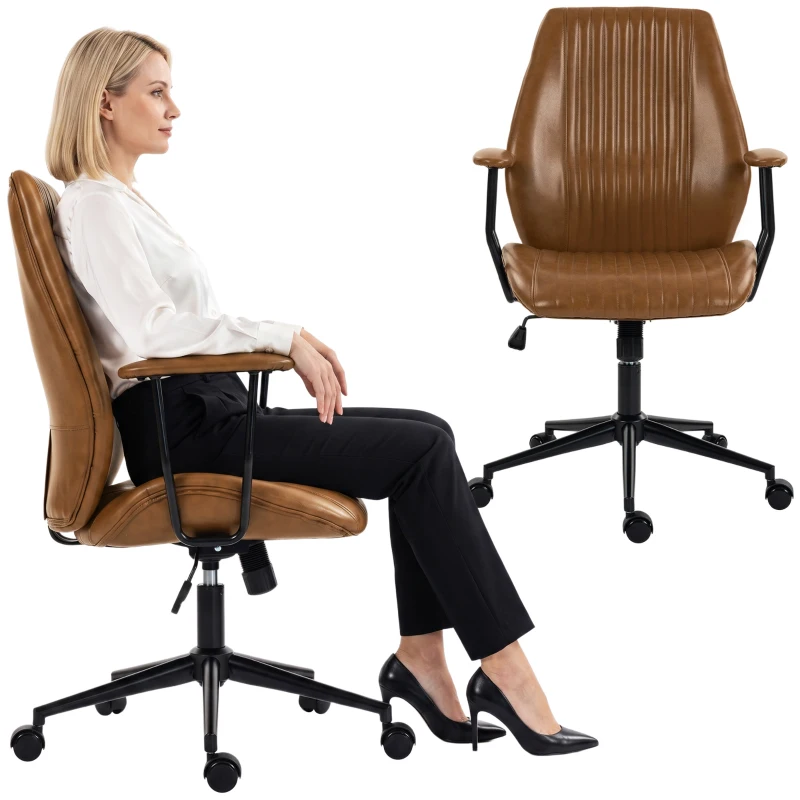 HOMCOM Leather Home Office Desk Chair, Vintage Computer Chair with Padded Arms, 360° Swivel, Adjustable Height, Tilt, Brown