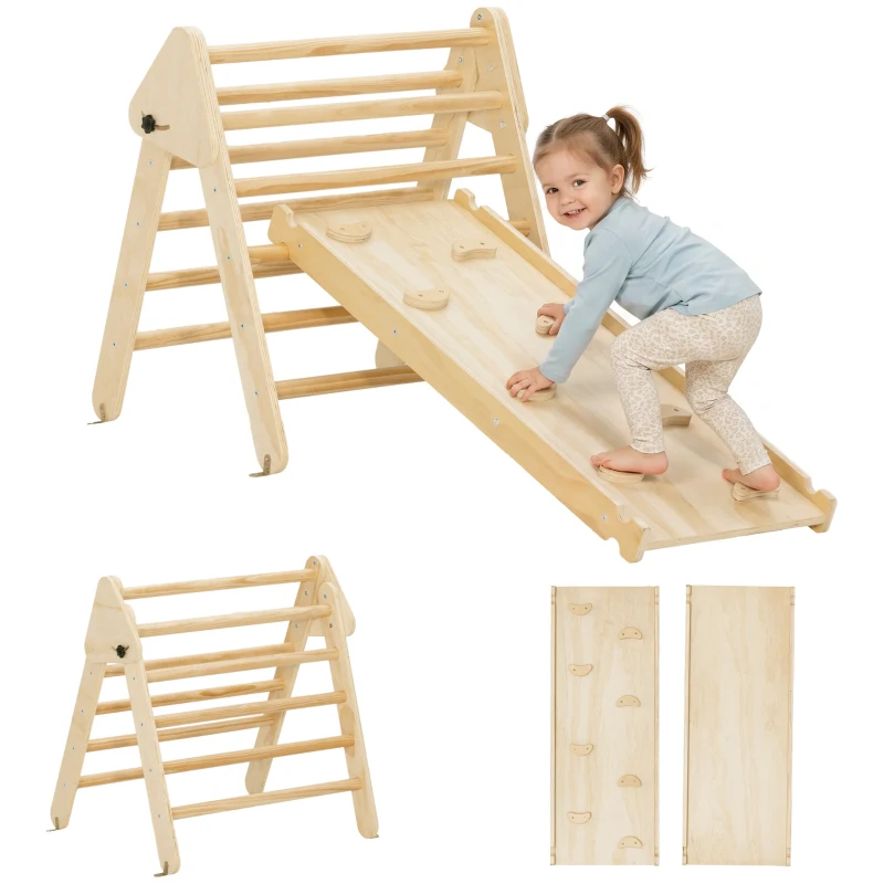 Qaba Pikler Triangle Set, 3 in 1 Climbing Toys with Ramp for Toddlers, Nature Wood