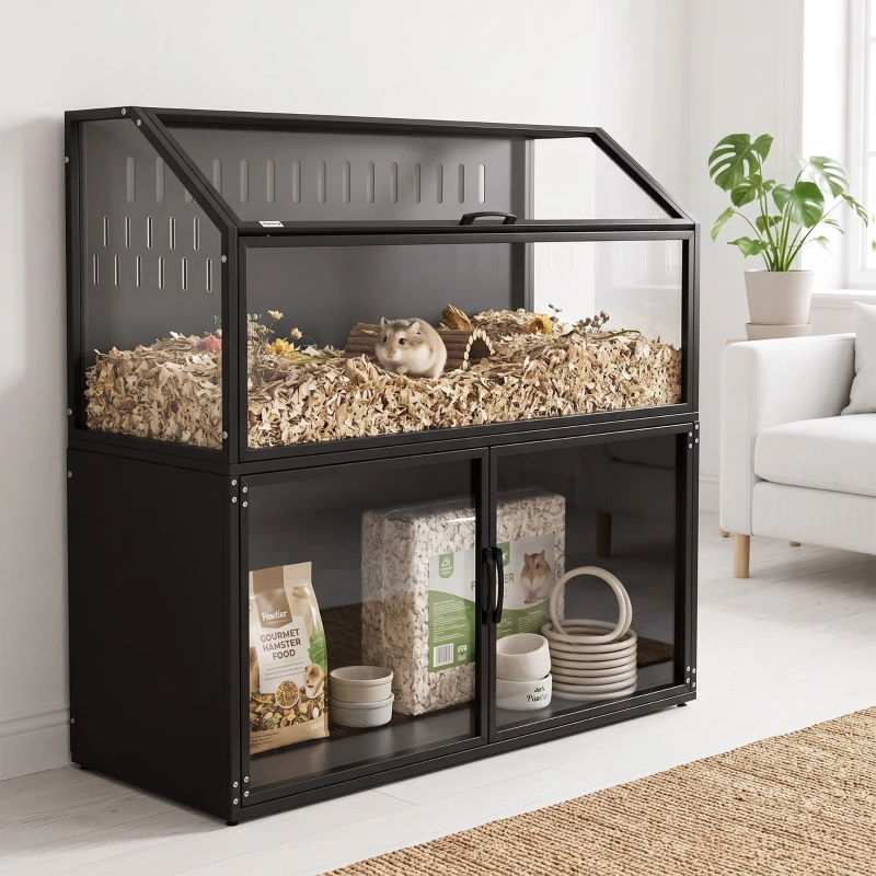 PawHut Hamster Cage with Storage Cabinet, Small Animal Cage with Easy View Acrylic Panels and Openable Top, Guinea Pig Habitat