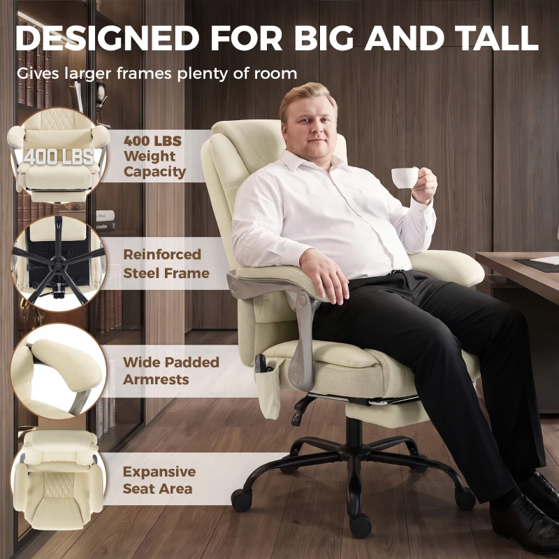 HOMCOM 400lbs Massage Office Chair with Heat, Big and Tall Desk Chair, Lumbar Support, Reclining, Footrest, Beige