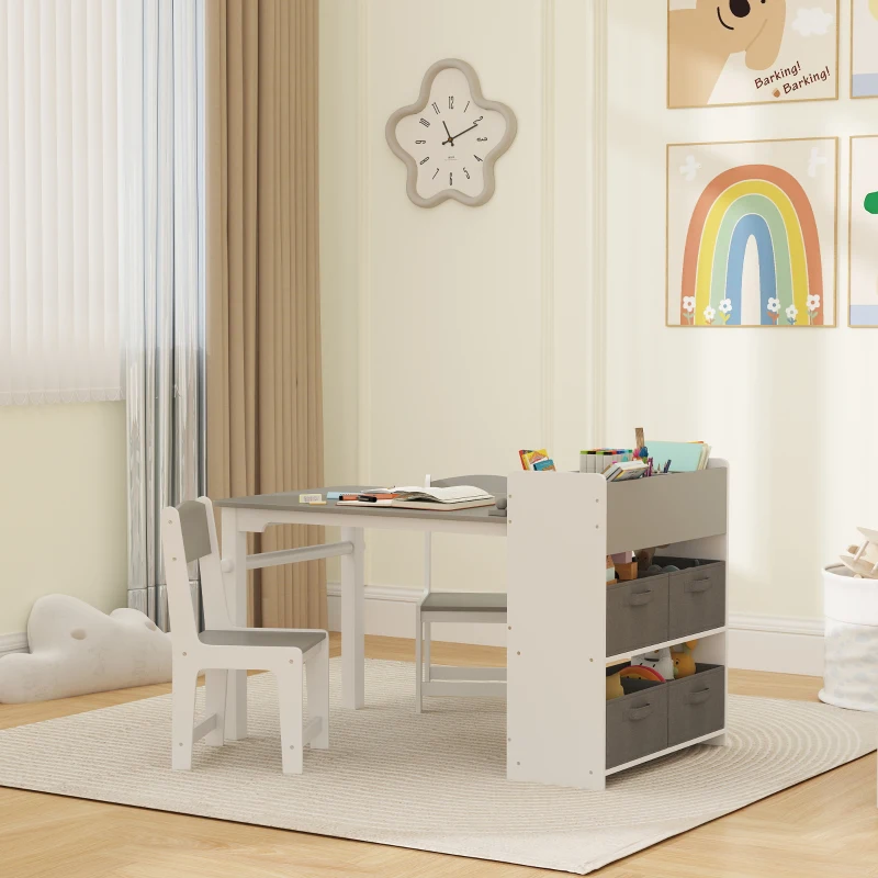 Qaba Kids Desk and Chair Set with Paper Roll, Kids Activity Craft Table with Storage Shelves and Drawers, Gray