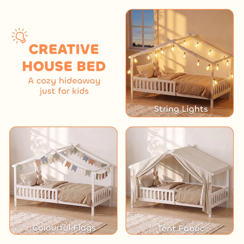 Qaba Twin Bed Frame, Solid Wood Montessori House Bed with Roof, Safety Guardrail for Girls Boys, No Box Spring Needed, White