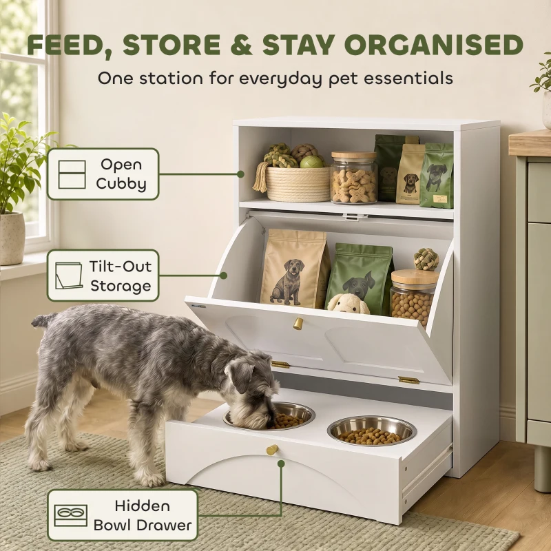 PawHut Dog Feeding Station, Dog Food Storage Cabinet with 2 Elevated Bowls, Tilt-Out Cabinet and Storage Shelf, White