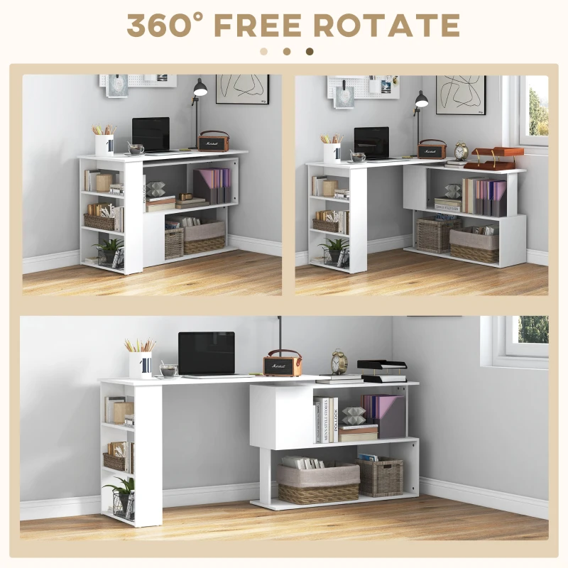 HOMCOM L Shaped Desk, Corner Computer Desk, 360 Degree Rotating Home Office Desk with Storage Shelves, Writing Table Workstation, White