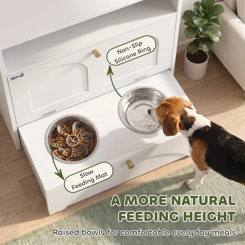 PawHut Dog Feeding Station, Dog Food Storage Cabinet with 2 Elevated Bowls, Tilt-Out Cabinet and Storage Shelf, White