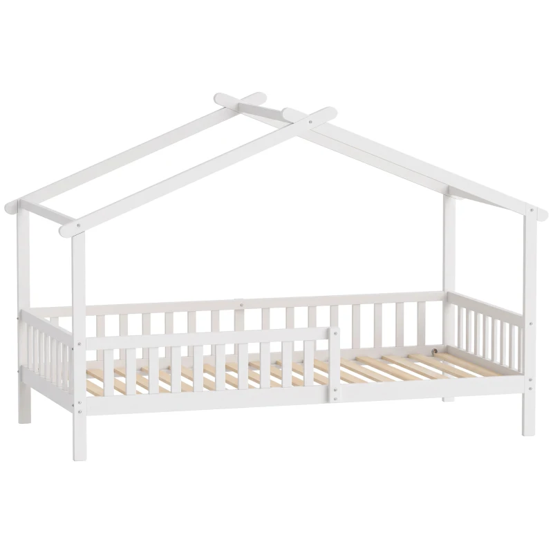 Qaba Twin Bed Frame, Solid Wood Montessori House Bed with Roof, Safety Guardrail for Girls Boys, No Box Spring Needed, White