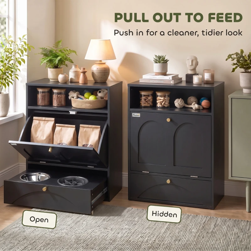 PawHut Dog Feeding Station, Dog Food Storage Cabinet with 2 Elevated Bowls, Tilt-Out Cabinet and Storage Shelf, Black