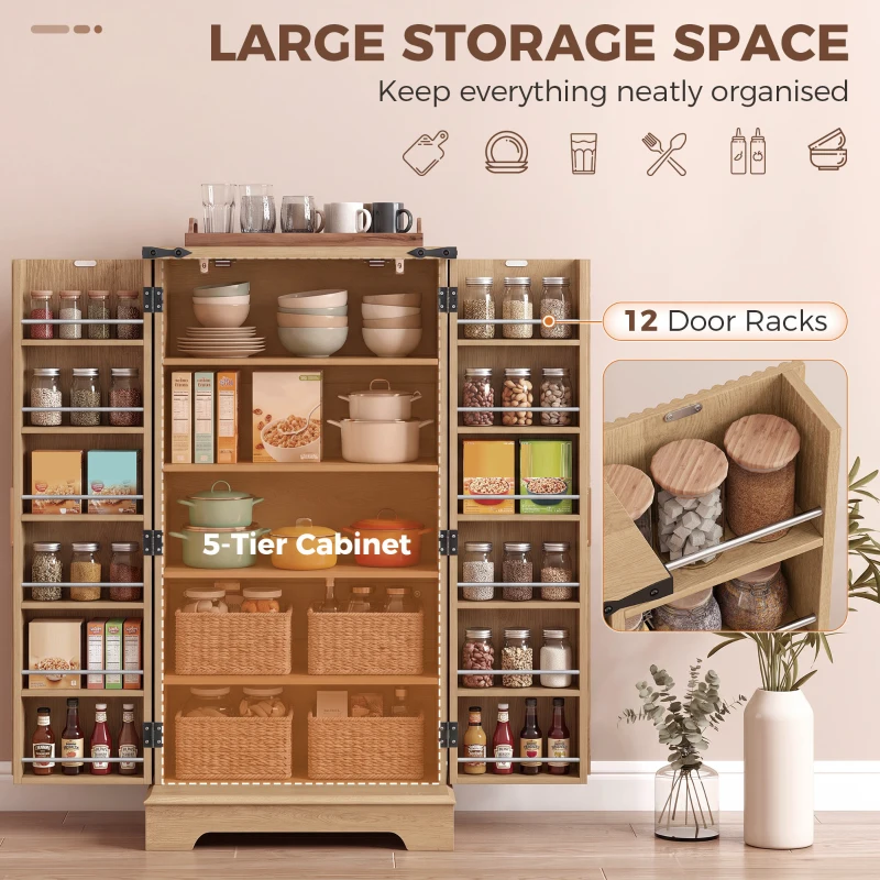 HOMCOM 46" Kitchen Pantry Cabinet with Doors and Adjustable Shelves, Freestanding Fluted Pantry Cabinet with Spice Racks