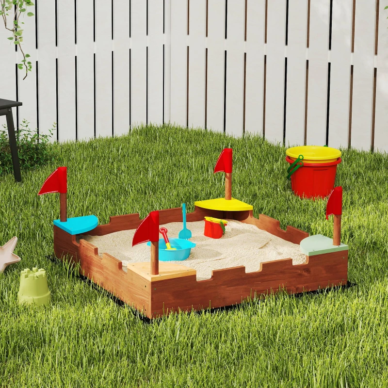 Qaba Kids Wooden Sandbox with Flags, 4 Colorful Built-in Corner Seating, Ground Liner, Gift for Ages 3-7, Wooden Brown