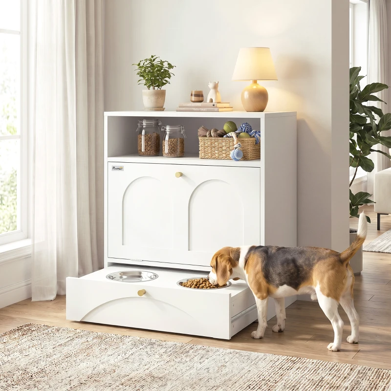 PawHut Dog Feeding Station, Dog Food Storage Cabinet with 2 Elevated Bowls, Tilt-Out Cabinet and Storage Shelf, White