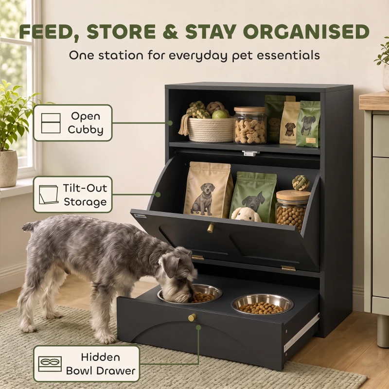 PawHut Dog Feeding Station, Dog Food Storage Cabinet with 2 Elevated Bowls, Tilt-Out Cabinet and Storage Shelf, Black