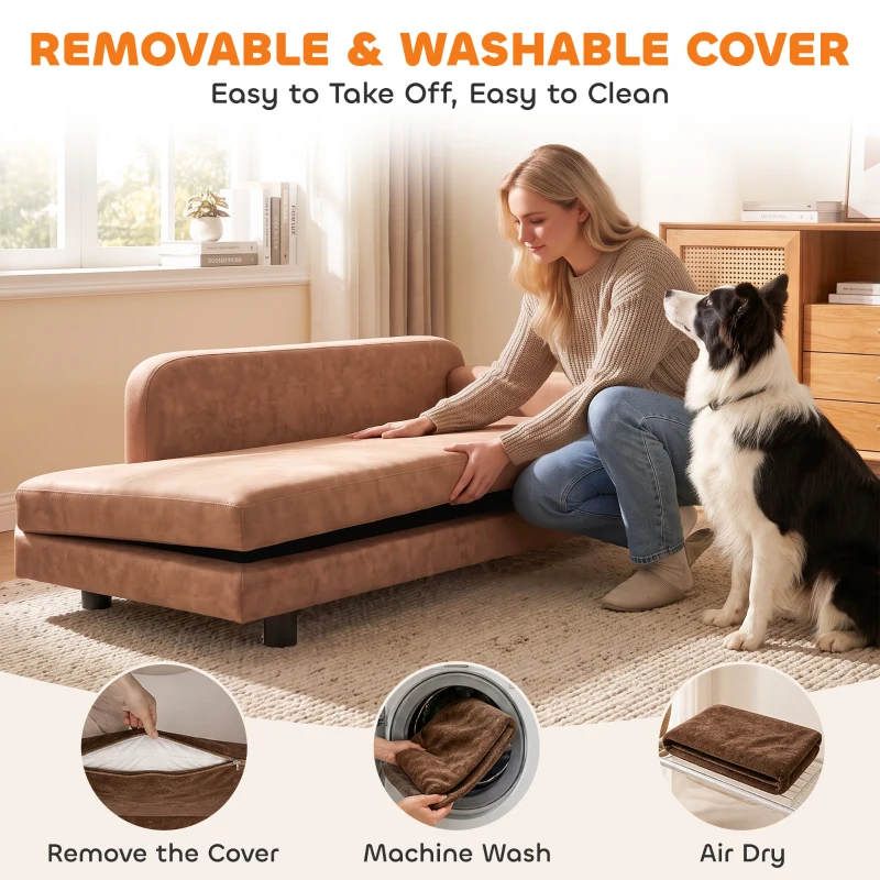 PawHut Dog Bed for Large Breeds, Soft Velvet Dog Couch with Removable Cushion, Backrest, Armrest and Low Feet, Brown