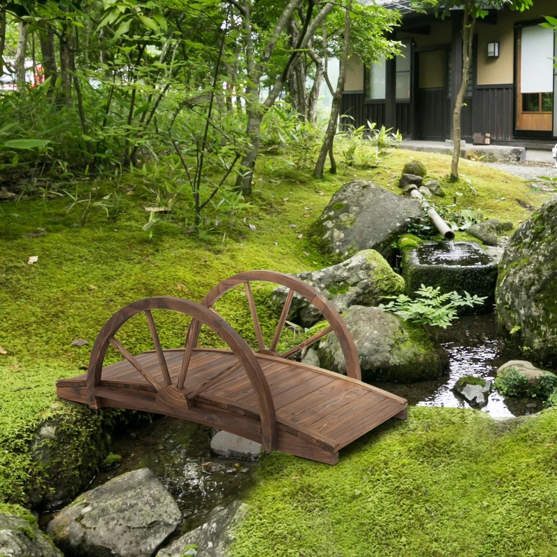 Outsunny 3.3ft Wooden Garden Bridge Arc Footbridge with Half-Wheel Style Railings & Solid Fir Construction, Stained Wood