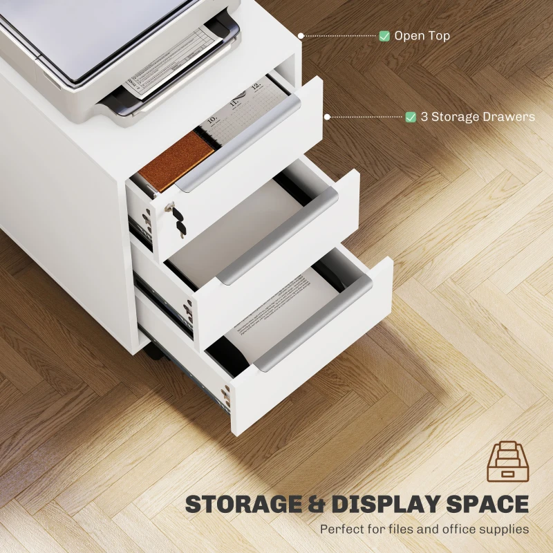 HOMCOM 3-Drawer File Cabinet with Wheels, Vertical Filing Cabinet with Lock, White