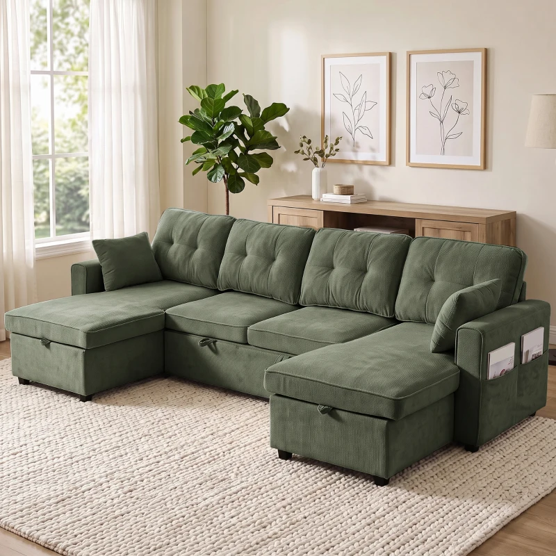 HOMCOM Sectional Sofa Bed, 113" U Shaped Pull Out Sleeper Sofa Bed with Dual Storage Chaises, Wide and Deep Seat, Green