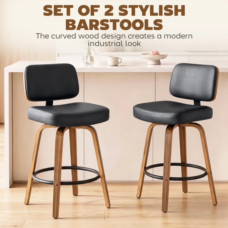 HOMCOM Bar Stools Set of 2 Modern Swivel PU Leather Upholstered Counter Height Bar Chairs, Black
