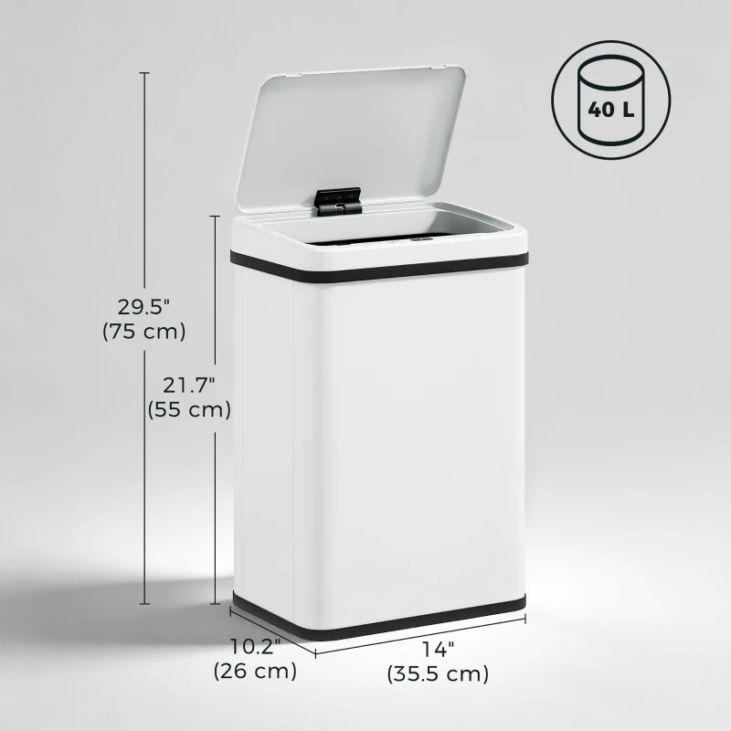 HOMCOM 10.6 Gal (40 L) Automatic Garbage Can w/ Soft-Close Lid, Trash Can with Fingerprint Resistant Stainless Steel, White