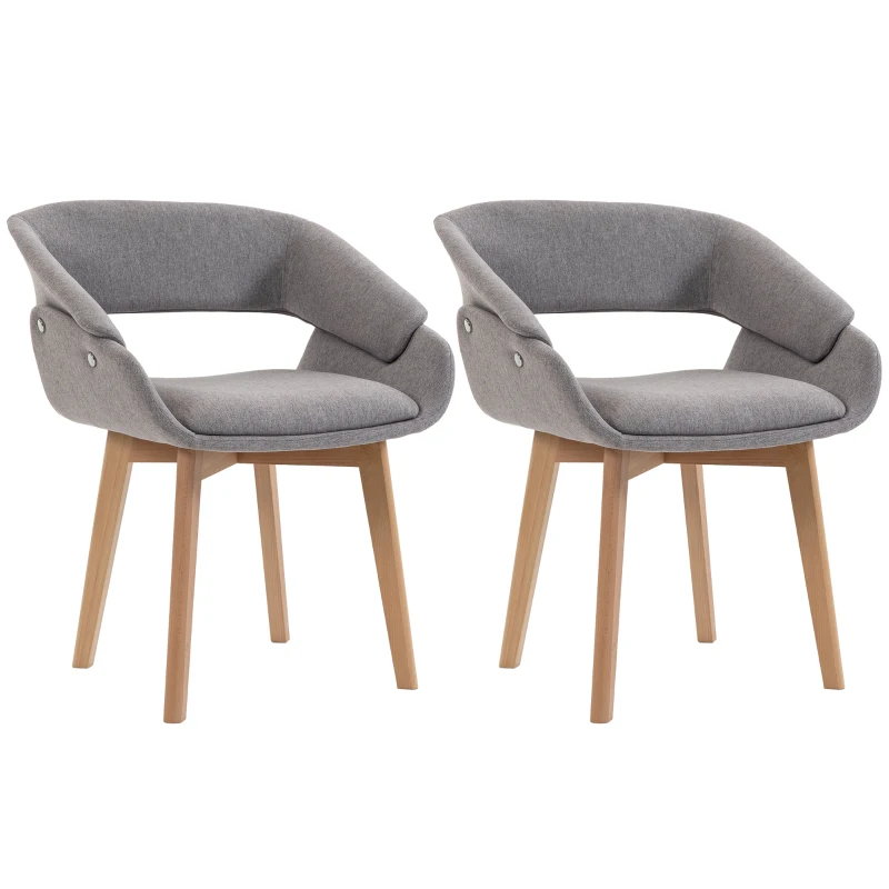 HOMCOM Dining Chairs Linen Fabric Upholstered Ergonomic Kitchen Chairs Beech Wood Legs Set of 2, Light Grey