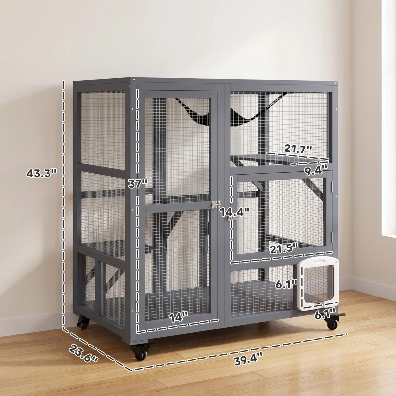 PawHut Cat House, Indoor Cat Enclosure on Wheels with Openable Top, 39"