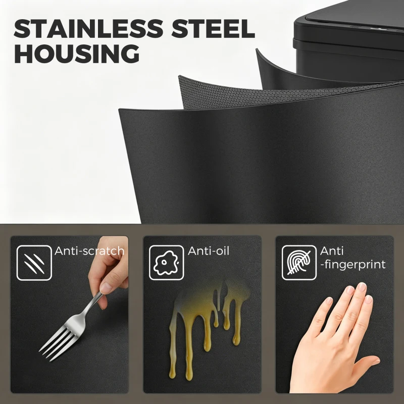 HOMCOM 10.6 Gal (40 L) Automatic Garbage Can w/ Soft-Close Lid, Trash Can with Fingerprint Resistant Stainless Steel, Black